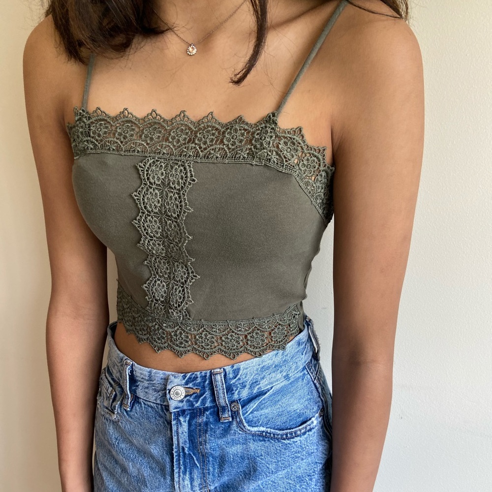 Olive Green Lace Detail Crop Top